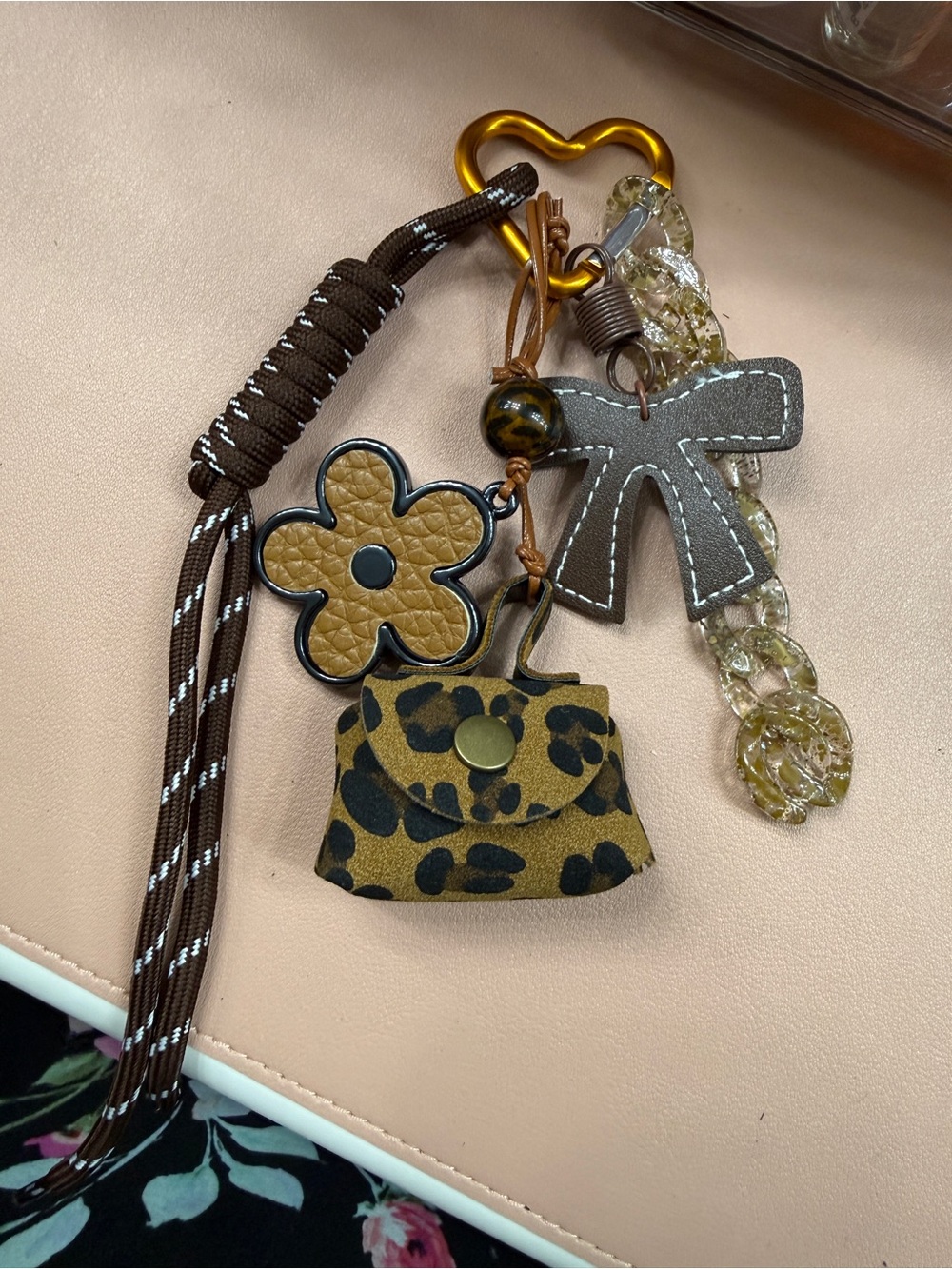 Leather Flower & Leopard Mini Purse Keychain - Brown